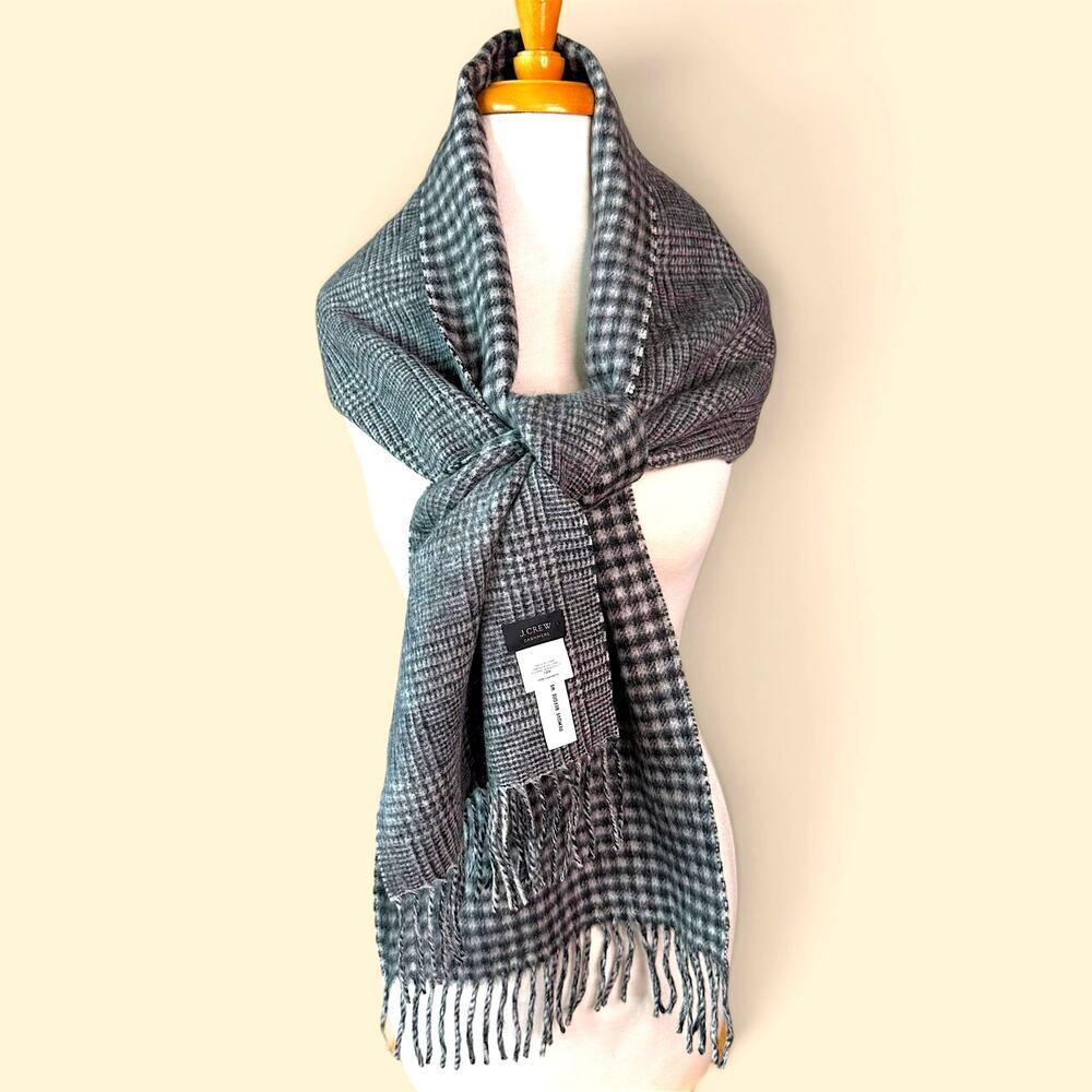 J.Crew 100% Cashmere Scarf Double Side Gray Glen Plaid Houndstooth Fringe Unisex